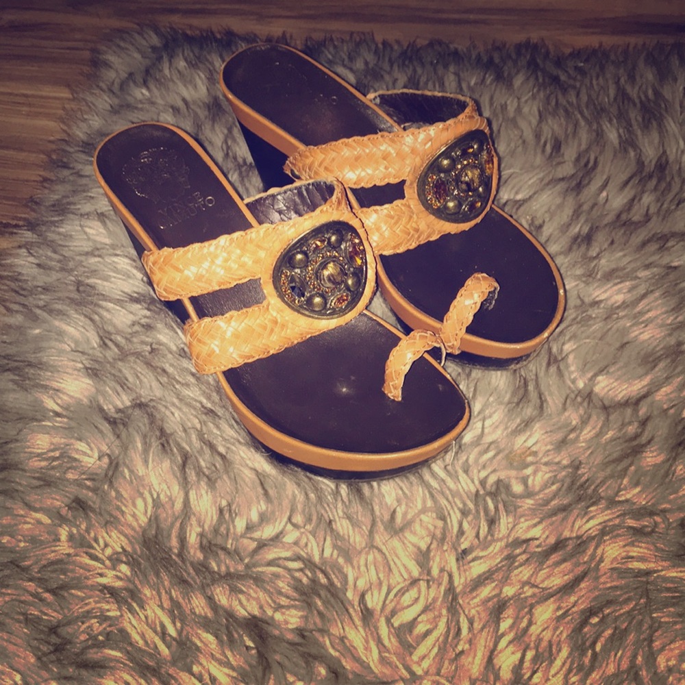 Camel wedges with blinged out and braided straps